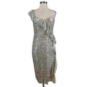 Aidan Mattox Sequined One Shoulder Ruffled Sheath Cocktail Dress Silver Size 12
